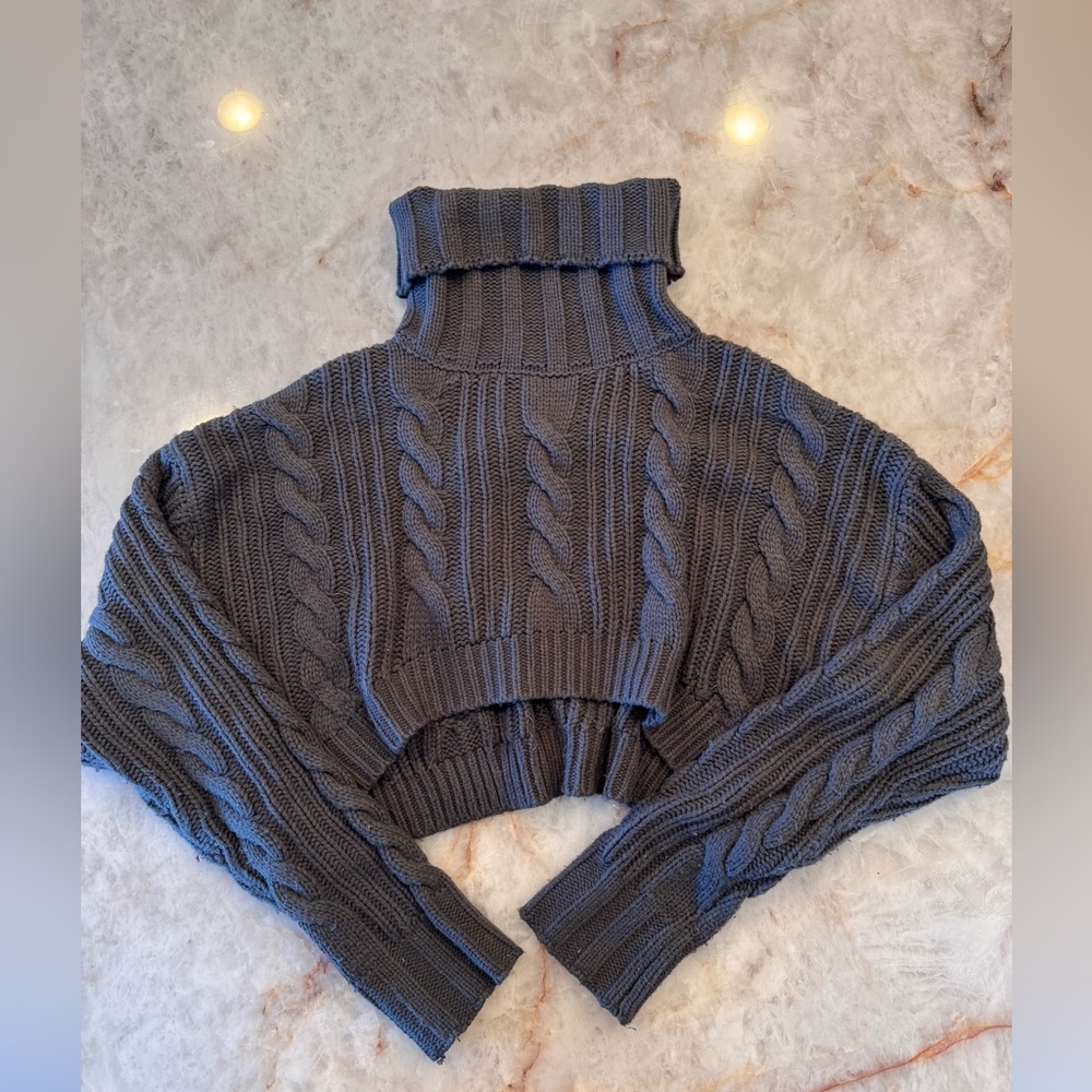 Gray Cable Knit Turtleneck Sweater